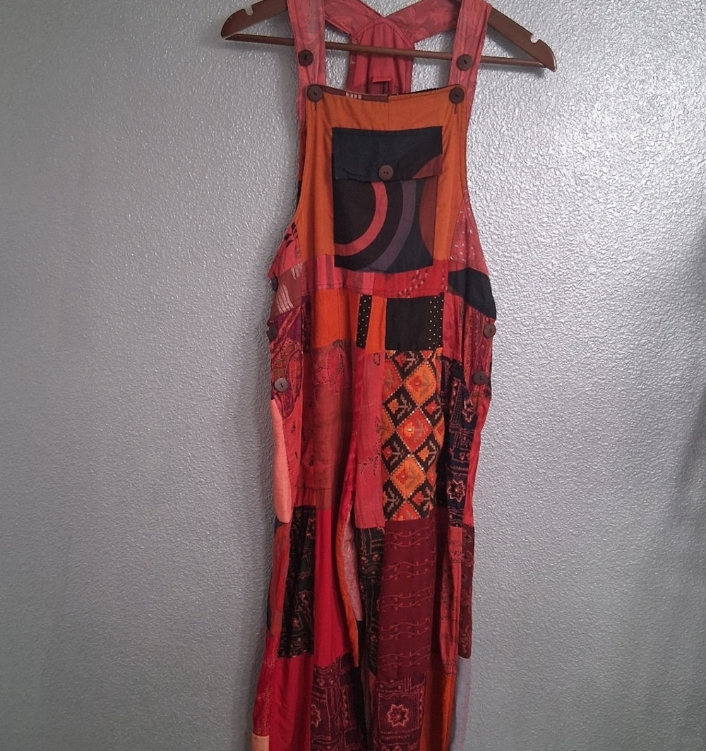 Boho Patchwork Cropped Overalls In Fall Colors. S… - image 1